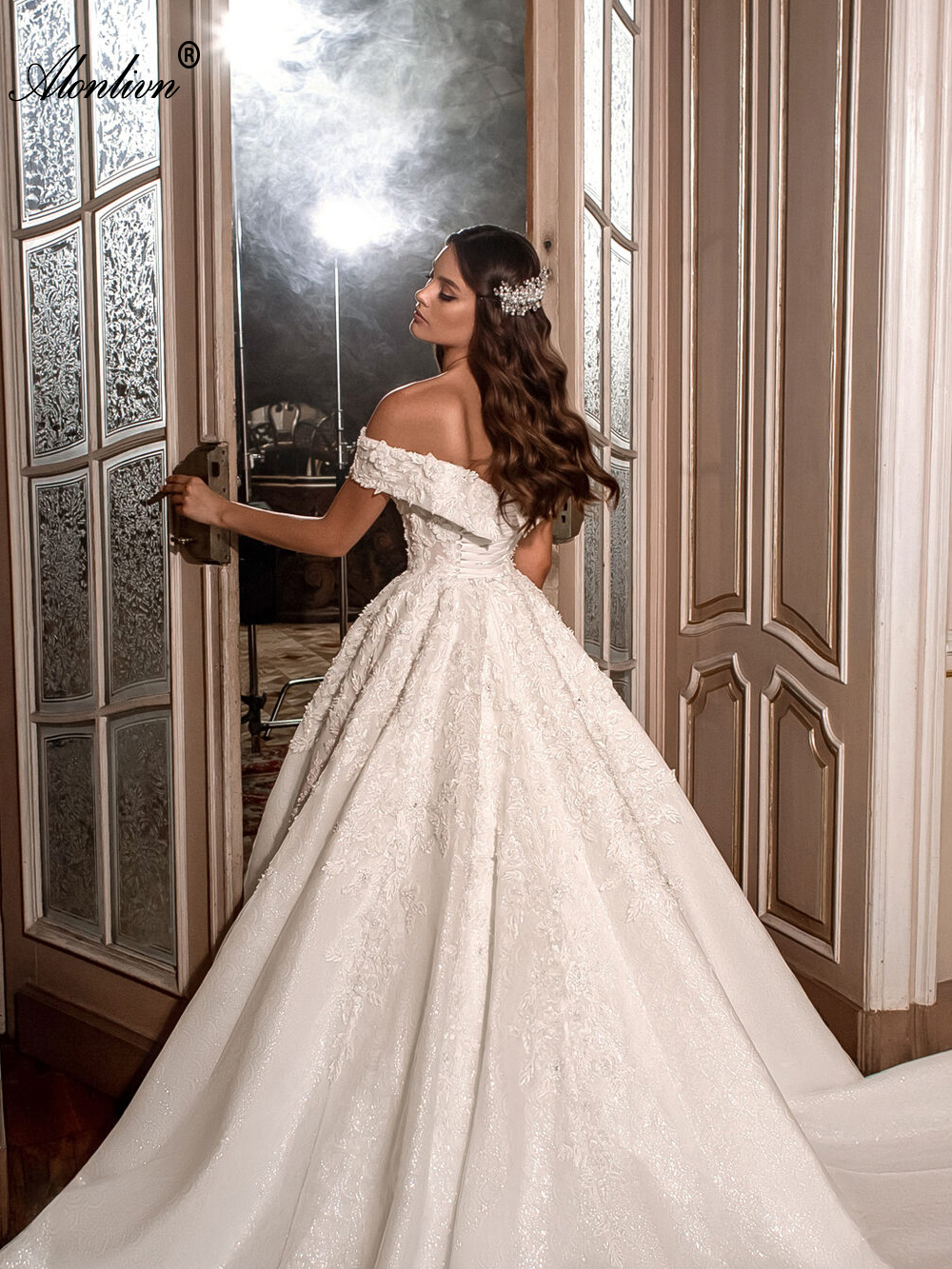 Beading Pearls And 3D Flowers Lace Ball Gown Wedding Dress Off Shoulder short Sleeves Shiny princess Bridal Gowns 2024