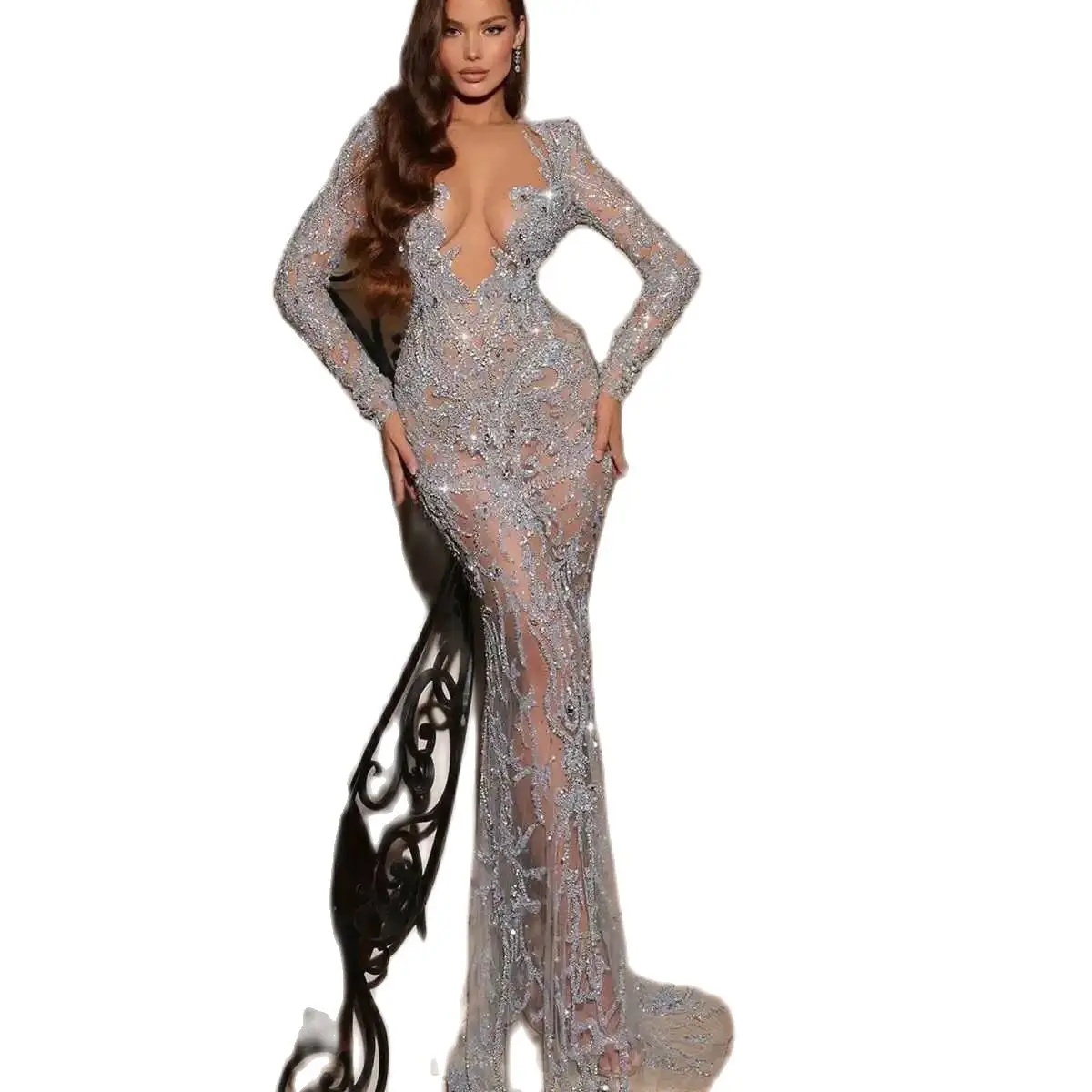 Sexy V Neck Mermaid Wedding Dresses Elegant Sequined Lace Bridal Gown Floor Length See Through Vestido de novia