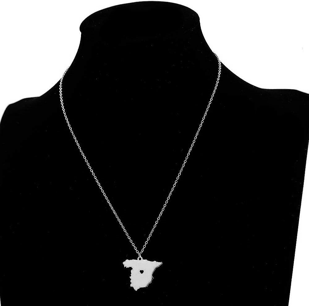 European Country Map of Spain Necklace Stainless Steel Espanha Spanish Pride I Heart Love Capital of Spain Madrid City Necklaces for Souvenir Gift