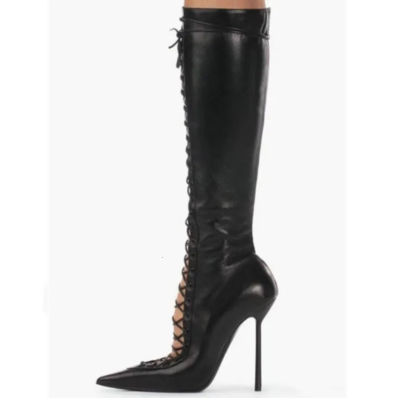 2024 High Quality Lace up Cool Boots European and American Sexy Nightclub Slim Heel Show Shoes Zipper 241122