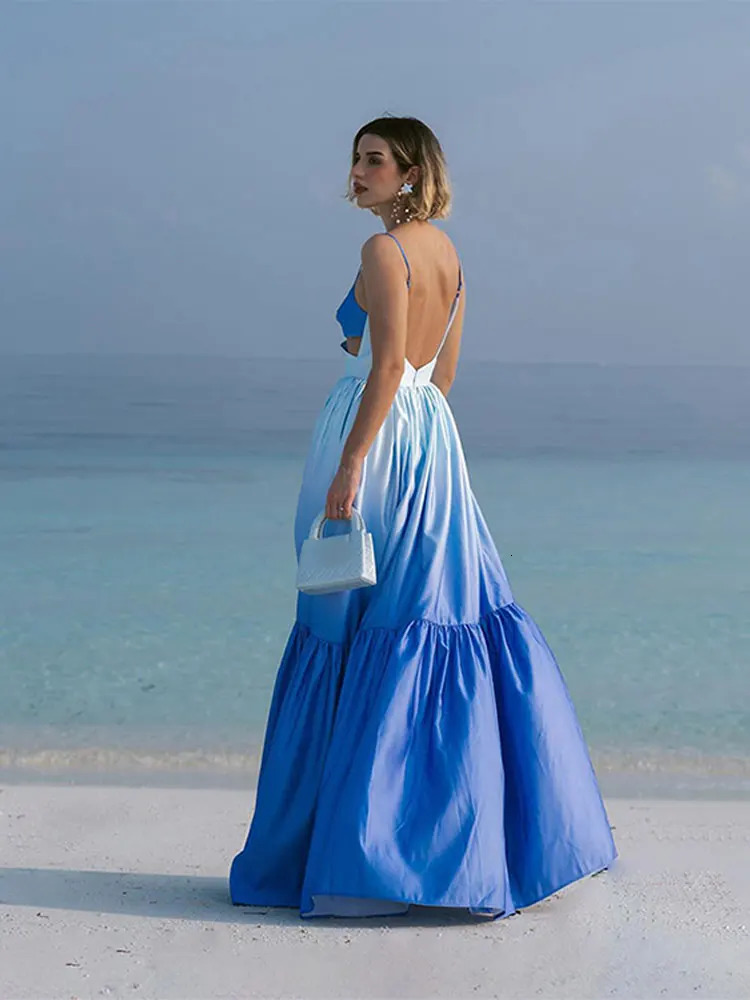 Elegant Hollow Out Pleated Long Dress For Women Sexy Patchwork Sleeveless Backless Robe Chic Holiday Ladies Evening Vestidoes 240420