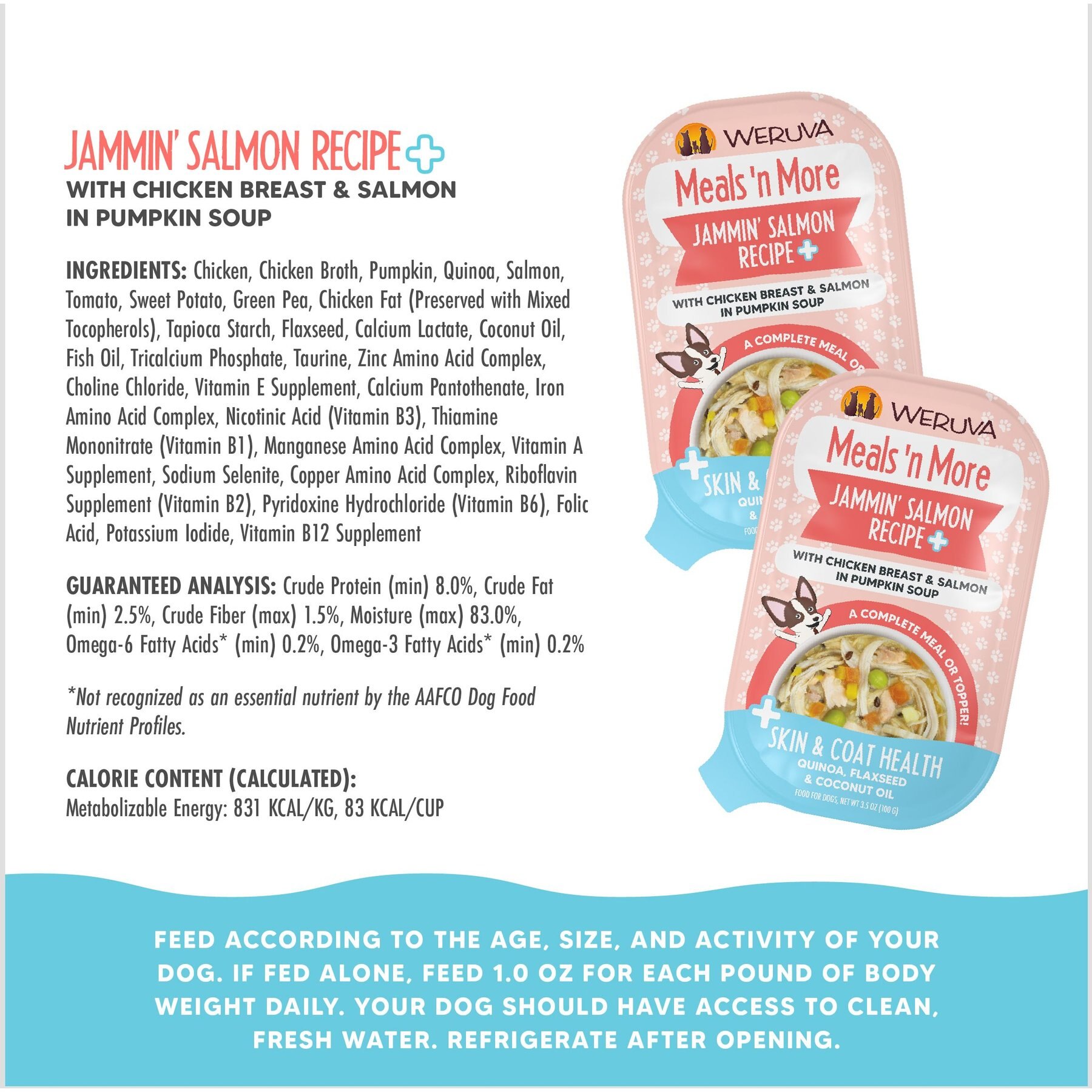 Weruva Meals 'n More Natural Wet Dog Food, Jammin' Salmon Plus Skin & Coat Health, 3.5-oz cup, 12 count