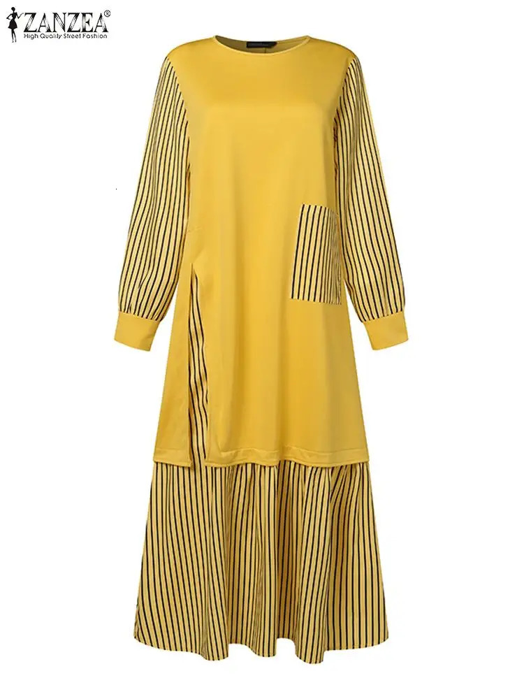 Vintage Long Sleeve Striped Muslim Maxi Dress ZANZEA Women Patchwork Sundress Turkey Abaya Hijab Dress Islamic Clothing Ramadan 240422