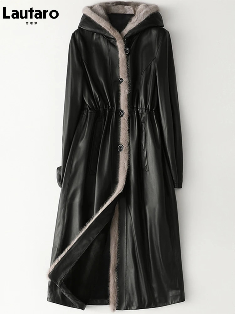 Lautaro Winter Long Warm Thick Black Leather Coat Womens Inner Fur Elegant Faux Fur Lining Jacket Parka Fashion 241120
