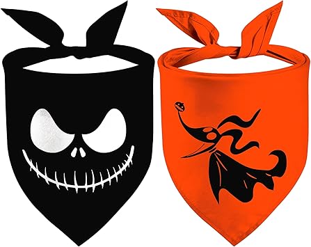 Halloween Bandanas 2 Pack, Nightmare Before Christmas Zero Dog Triangle Reversible Fall Pet Scarf, Adjustable Fit ( Face, Size