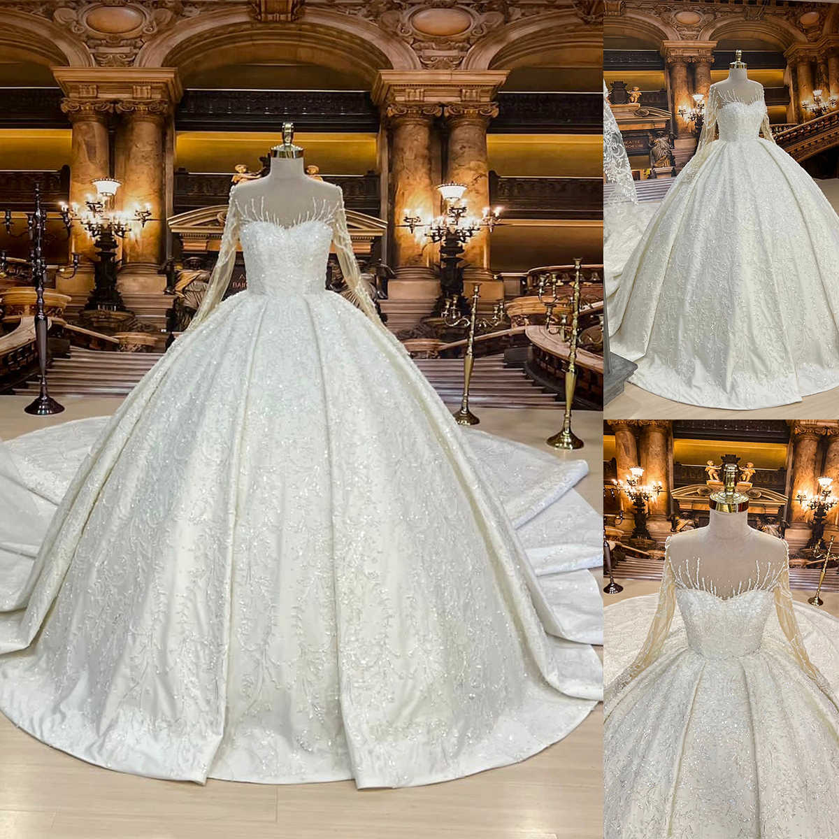 Gorgeous Ball Wedding Dress For Women Sheer Neck Long Sleeves Bridal Gown Appliques Sequins Sweep Train Dresses Custom Made vestidos de novia