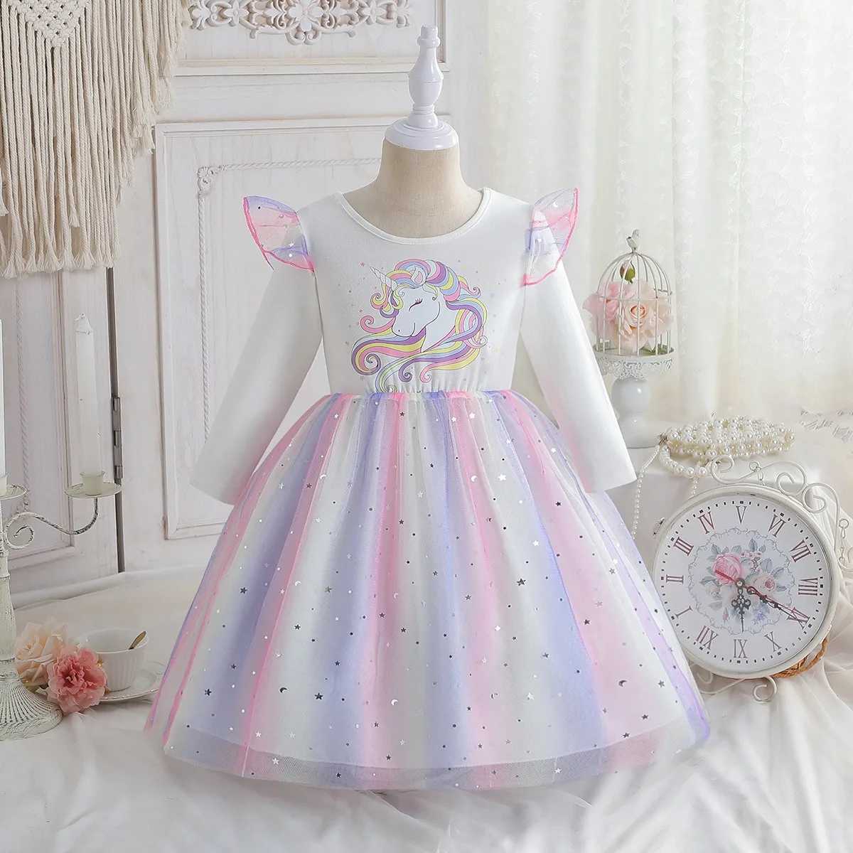 2025 New Princess Dress Girls Dress Autumn Spring Kids Clothes Birthday Par Dress Long-sleeved for Children Rainbow Z250214