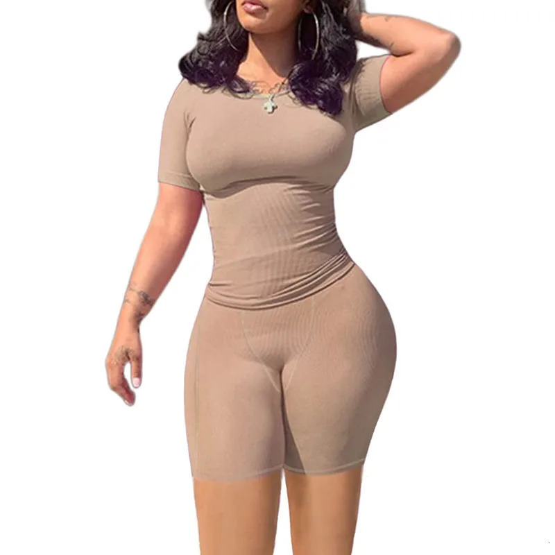 Lounge Wear Ribbed Casual 2 Piece Summer Shorts Set For Somen Short Sleeve TopElastic outfits 240420