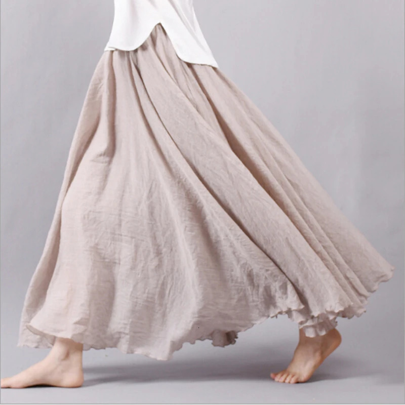 14 Colors Linen Maxi Skirt Pleated Vintage Boho Long Casual Cotton Beach Empire ALine Ladies Clothing 240420