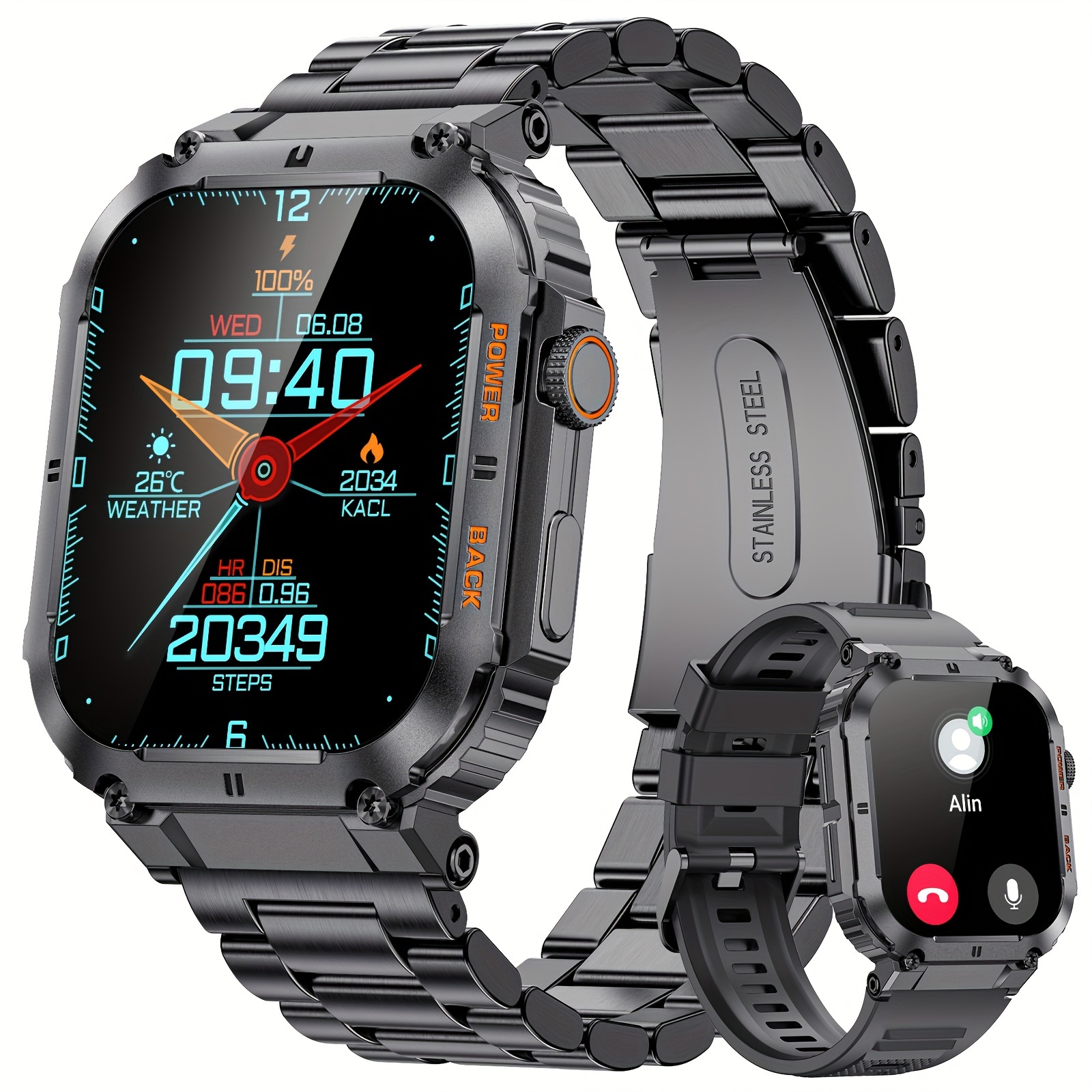 Men's Smartwatch 1.96-inch IPS Large Screen 400mAh Long Battery Life Fitness Step Card Tracker, Suitable for Android IPhone Smartwatch