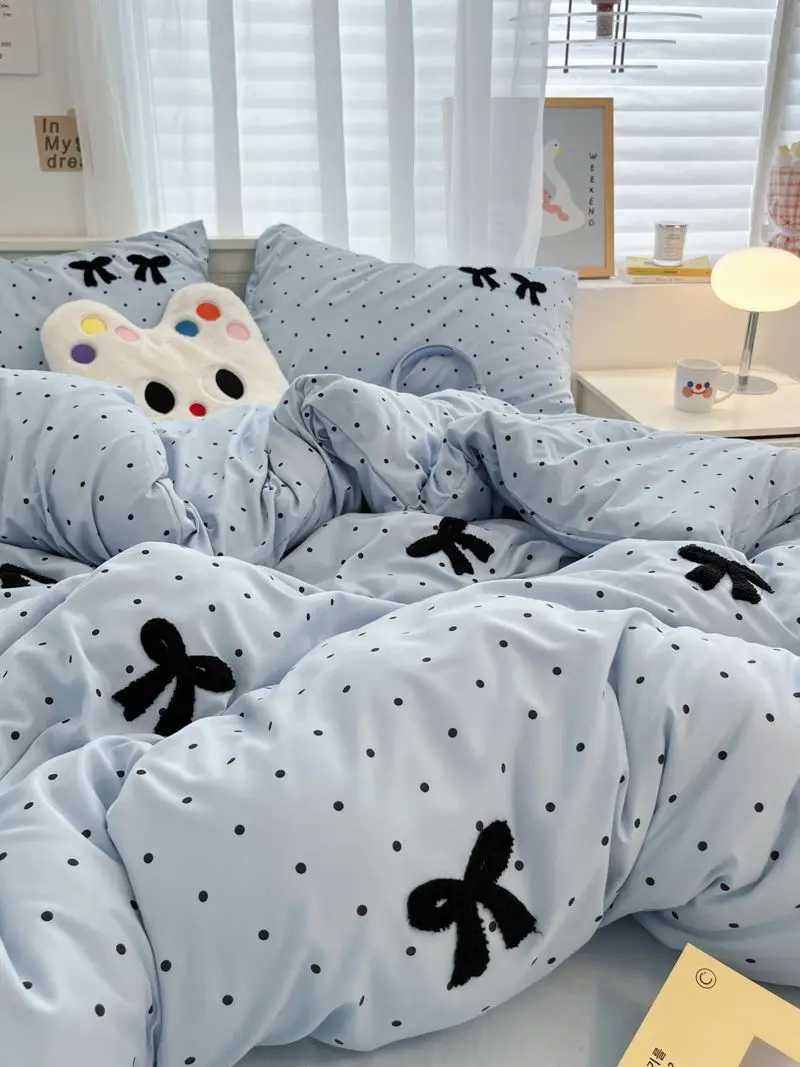 Ins Style Girl Blue 1.5m/1.8m Fitted Sheet Bow Towel Bedding Set Embroidery Washed Cotton Four-piece Set Bed Sheet Three-pieceC241122