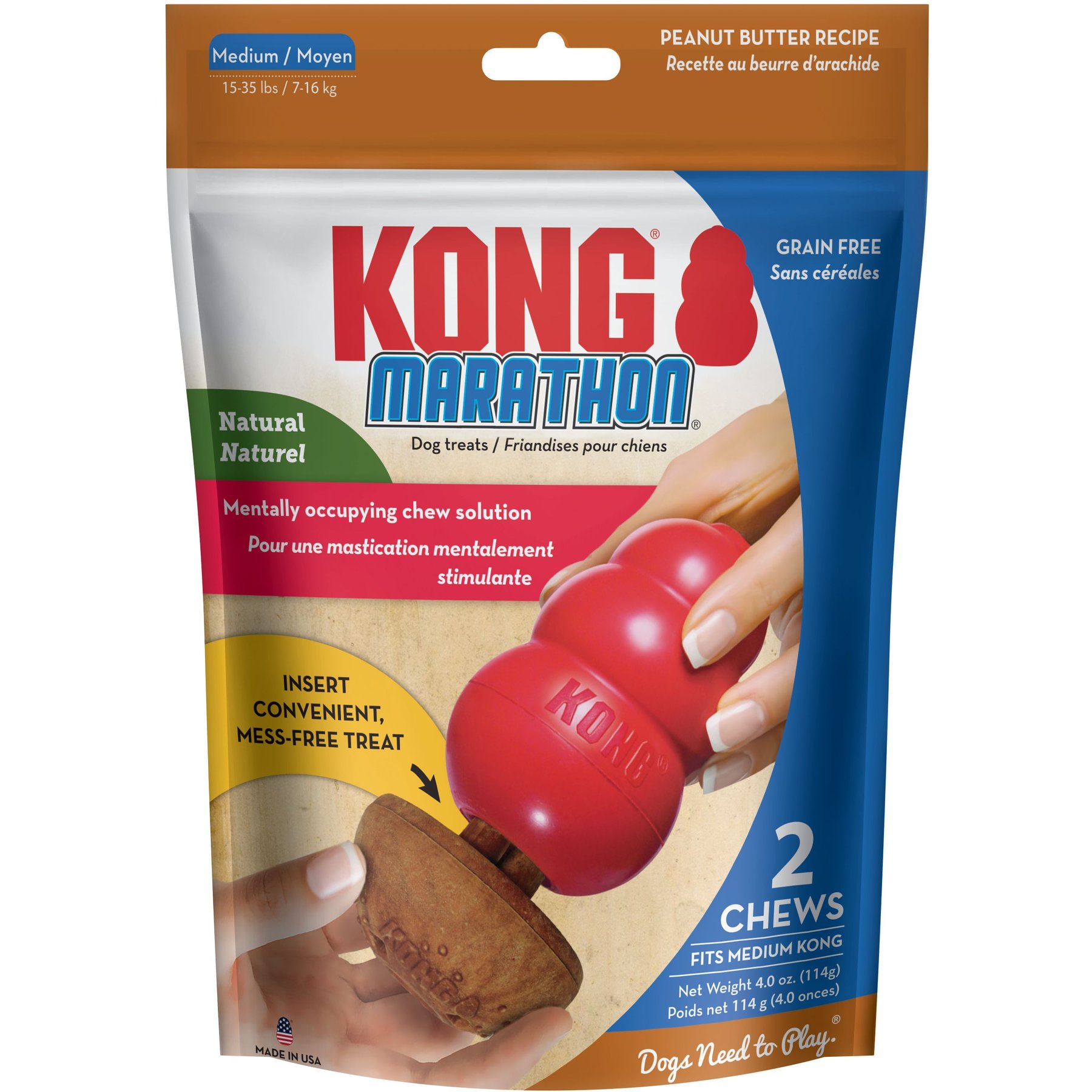 KONG Marathon Peanut Butter Recipe Grain-Free Dog Chew Medium Treats, 2 count