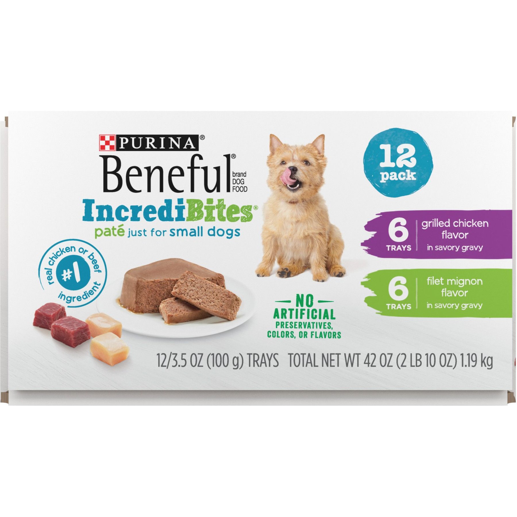 Purina Beneful IncrediBites Grilled Chicken & Filet Mignon Variety Pack Pate Small Wet Dog Food, 3.5-oz tray, case of 12