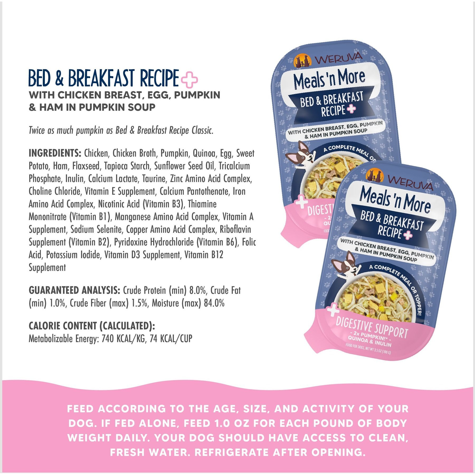 Weruva Meals 'n More Natural Wet Dog Food, Bed & Breakfast Plus Digestive Support, 3.5-oz cup, 12 count