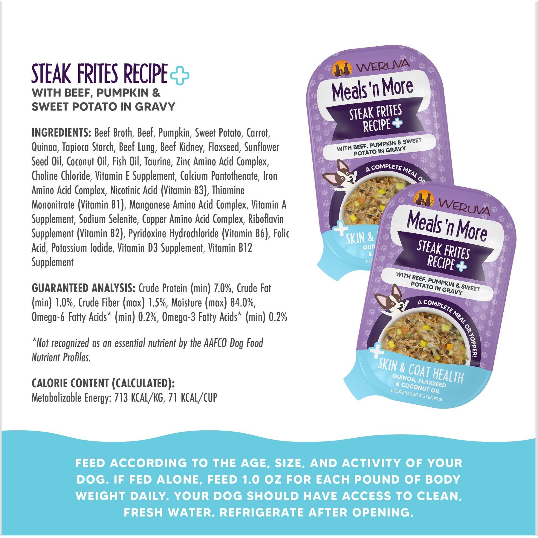 Weruva Meals 'n More Natural Wet Dog Food, Steak Frites Dinner Plus Skin & Coat Health, 3.5-oz cup, 12 count