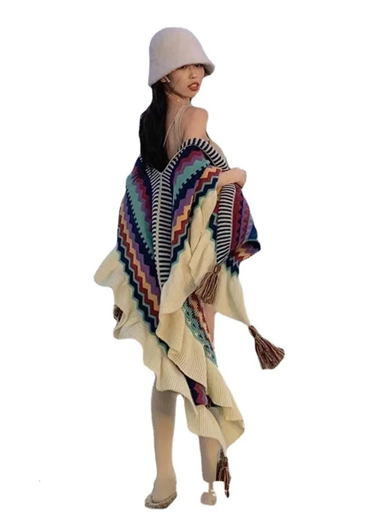 Women Autumn Winter Bohemian Faux Cashmere Ethnic Style Long Thick Poncho Shawl Female Big Pendulum Loose Cloak Coat 240419