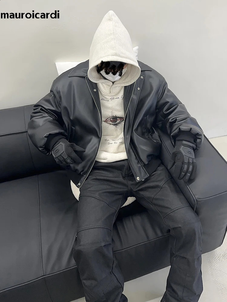 Mauroicardi Spring Autumn Cool Oversized Thickened Warm Black Soft Pu Leather Jacket Men Shoulder Pads ner Clothes 241122
