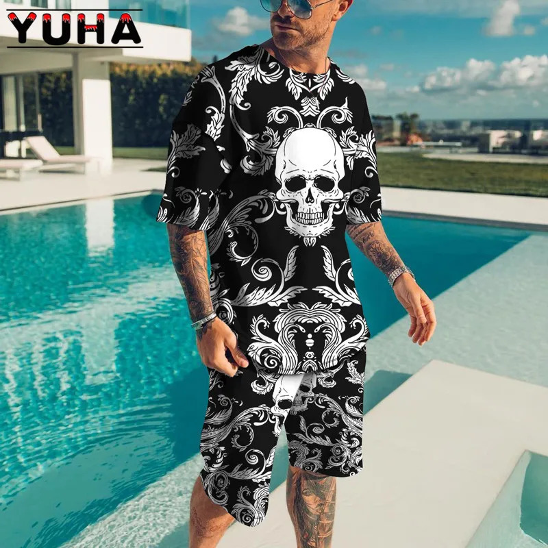 YUHASummer Mens Clothing T Shirt Sets 3D Terrible skeleton Print Casual Shorts Tracksuit Male 2 Piece Suit est Short Sleev 240420