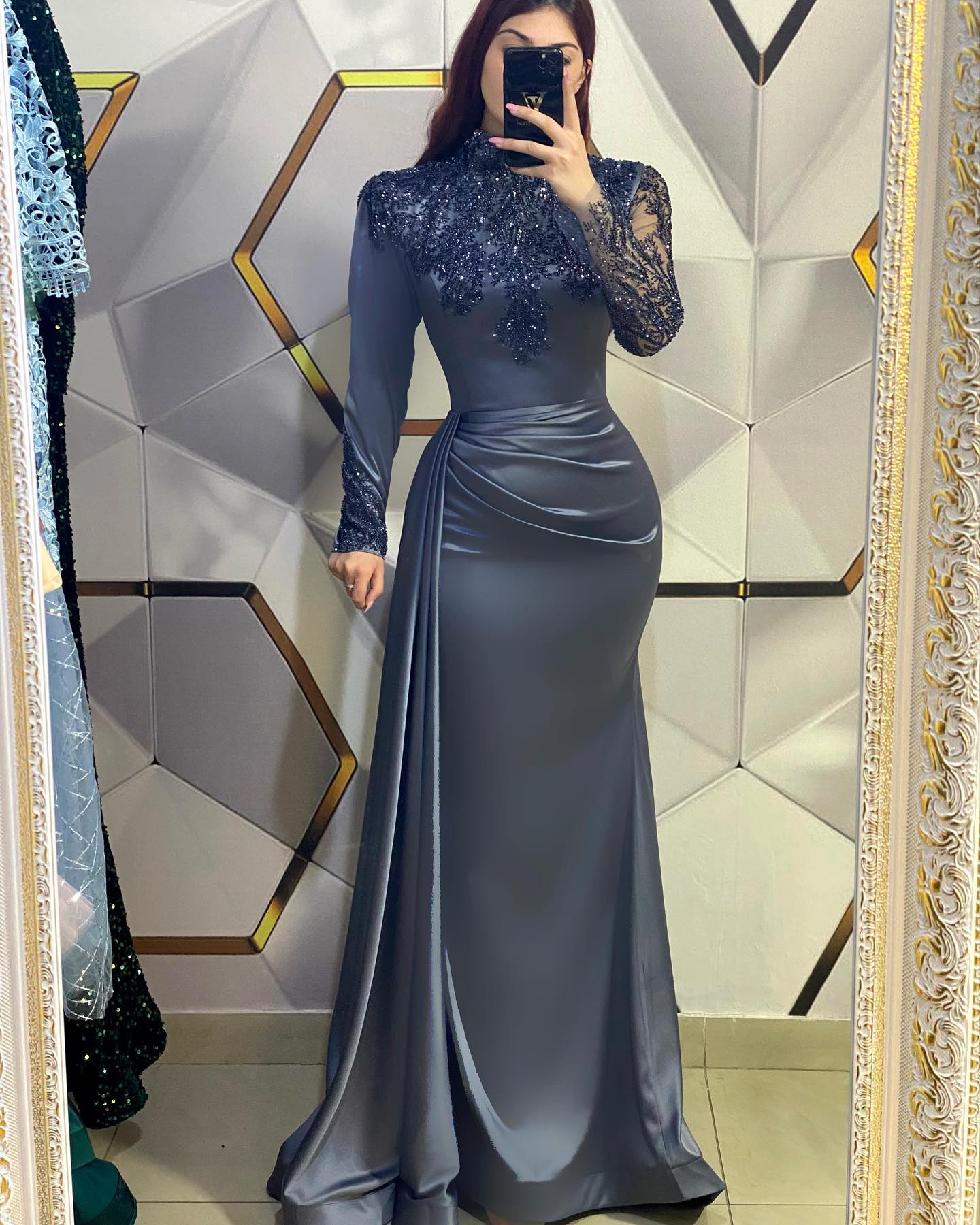 Blue Grey Muslim Evening Elegant Beaded High Neck Long Sleeves Side Train Turkish Kaftan Dress Pleats Waist Special Ocn Formal Dresses For Women