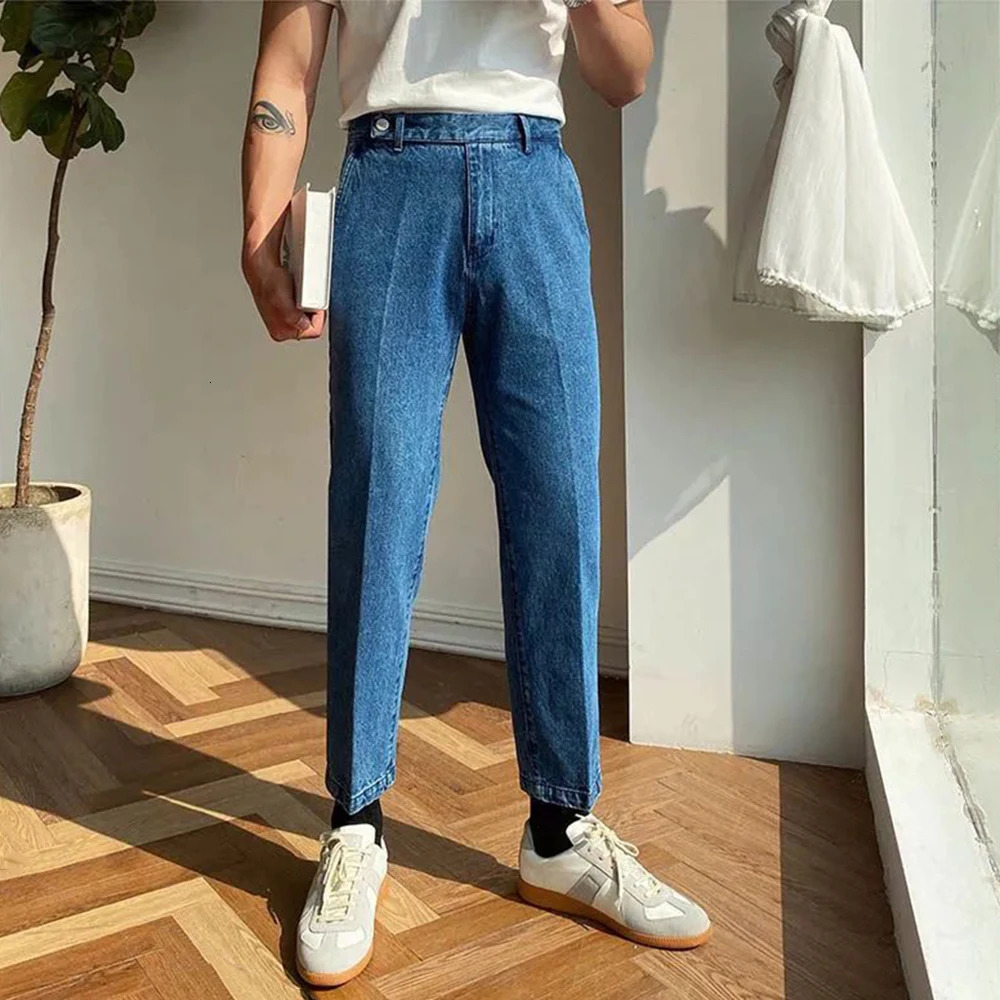 Mens French Slim Fashion Distressed High Waist Jeans Genderless Retro Solid Color Denim Straight Leg Casual Nine-Point Pants 240410