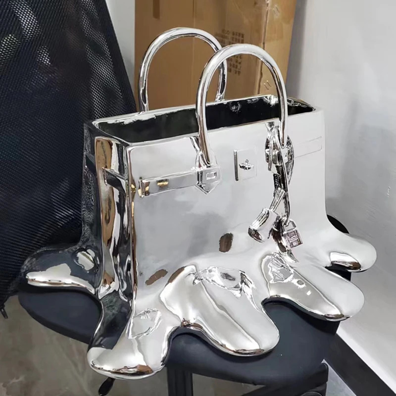 High quality silver resin flower vase bag for home decoration aesthetics room decoration wedding desktop decoration living room large bag vase 241121