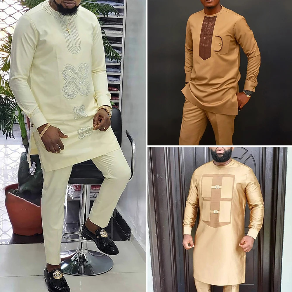 Dashiki African Men Clothes Sets Youth Casual Social Long Sleeve Ethnic Two Piece Shirt Trousers Men Suit European Male Clothing 240412