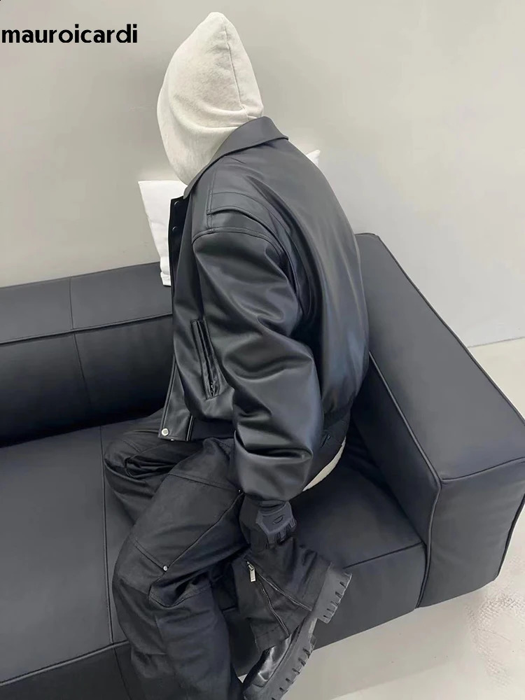 Mauroicardi Spring Autumn Cool Oversized Thickened Warm Black Soft Pu Leather Jacket Men Shoulder Pads ner Clothes 241122