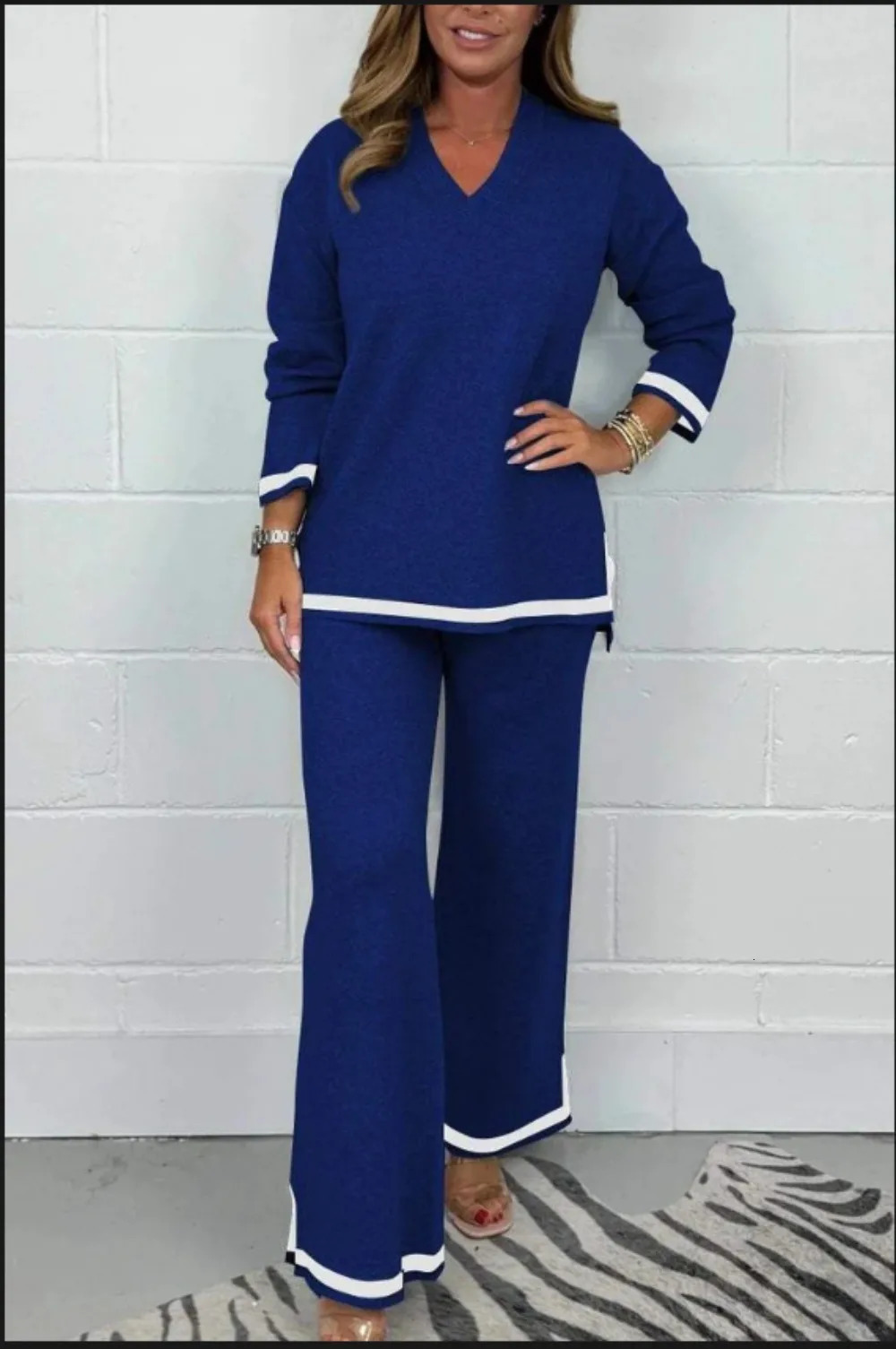 Autumn Winter Fashion Knitted Two Piece Set Women Casual Loose Vneck Long Sleeved Pullover Wide Leg Pants 241122