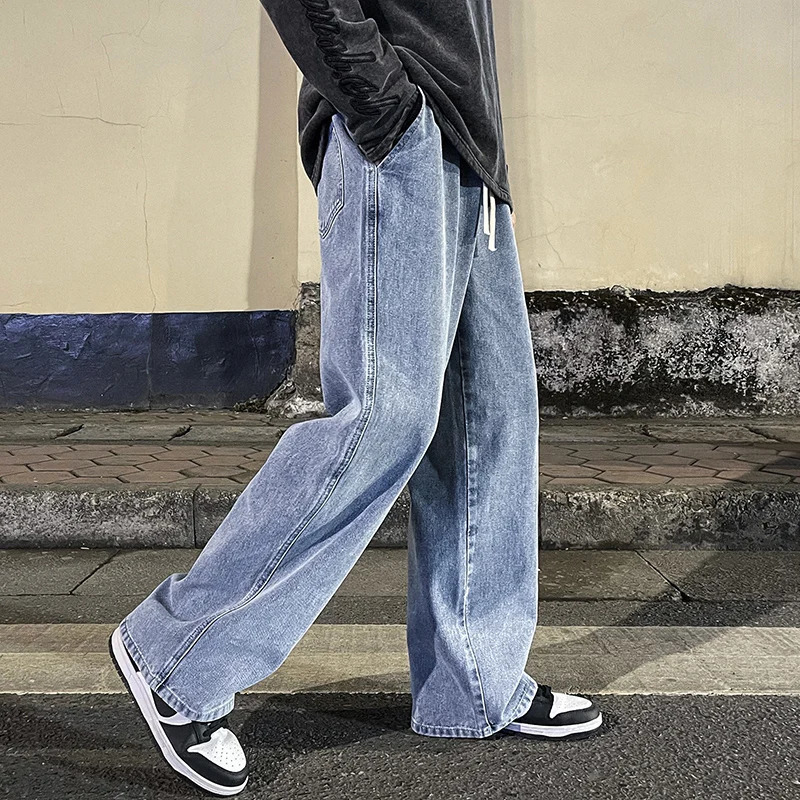Korean Fashion Loose Jeans Classic Straight Baggy Wide Leg Trousers Street Hip Hop Pants 3XL Black Grey Blue 240415