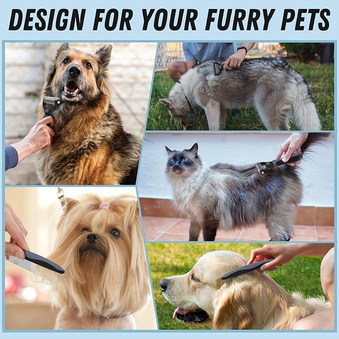 Docrok Pet Grooming Brush and Metal Comb Combo - Undercoat Rake for Dematting and Deshedding Long Matted Haired Dogs and Cats