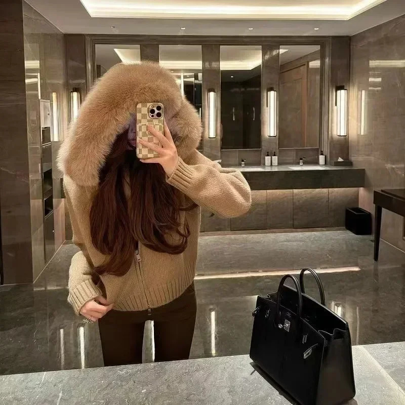 Nagodo Women Hood Knit Cardigan Fox Fur Collar Womens Long Sleeve Knitwear Zipper Jacket Solid Color Sweater Coat N11032 241122