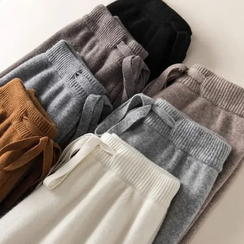 Korean Womens Wool Wide Leg Pants Elastic Waist Cashmere Autumn Winter Knitted Casual Warm Soft Straight Trousers 241121