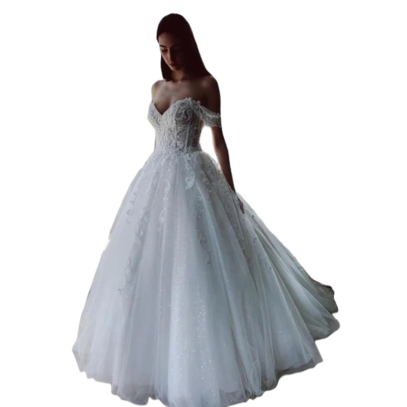 Glitter White Sequined A Line Wedding Dresses Off The Shoulder Sweetheart Lace Appliques Long Tulle Bridal Gown Lace Appliques Open Back Country Garde