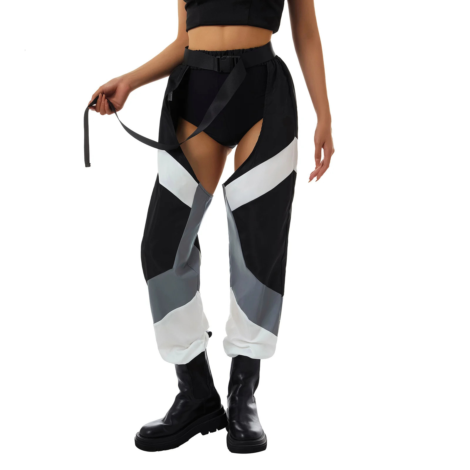 Women's Pants Capris Womens Sexy See Through Buckles Bottomless Pants High Waist Hollow Out Crotchless Pants Rave Chaps Cargo Trousers Streetwear
