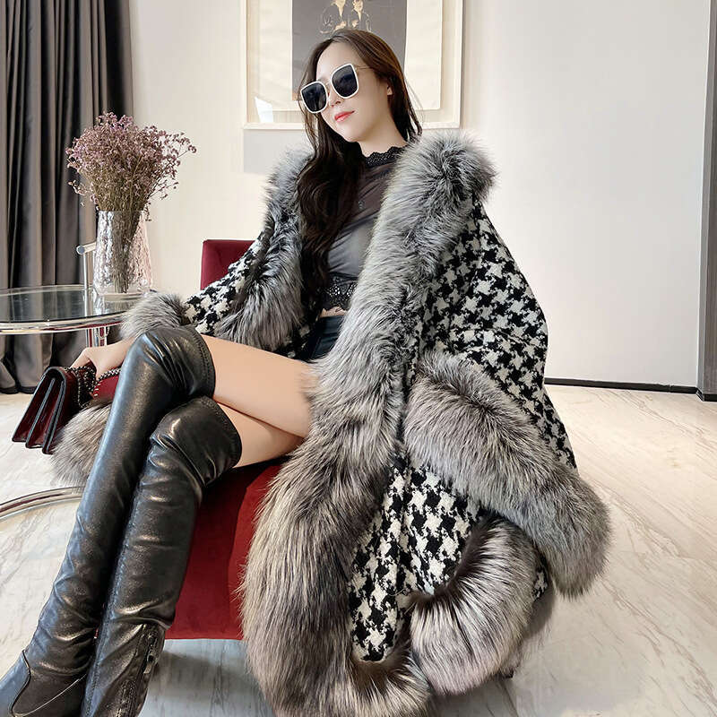 2021 Winter Imitation Fox Fur Grass Women's Versatile Thousand Bird Checkered Scarf Woolen Neck Medium Long Cloak