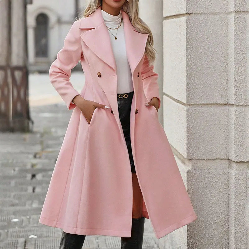 Women Trench Autumn Winter Pink Coat Fashion Streetwear Suit Collar Button Elegant Lady Slim Versatile Clothing 241121