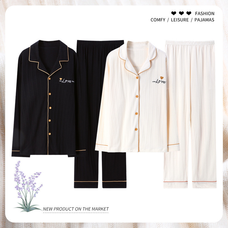 Couples Pajamas in Spring and Autumn Womens Autumn Cotton Mens Home Wear Long Sleeve Pants Set Cardigan Front Button Collar Casual Home 210812