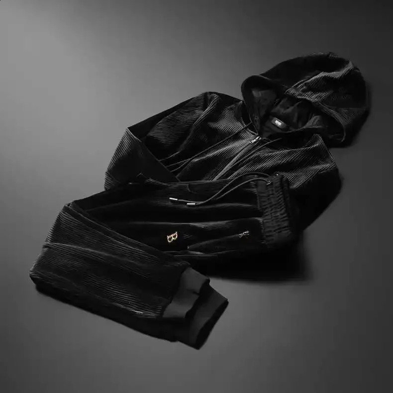 High End Leisure Sports Hooded Set Mens Gold Velvet Two Piece Loose Autumn and Winter Wear 241122