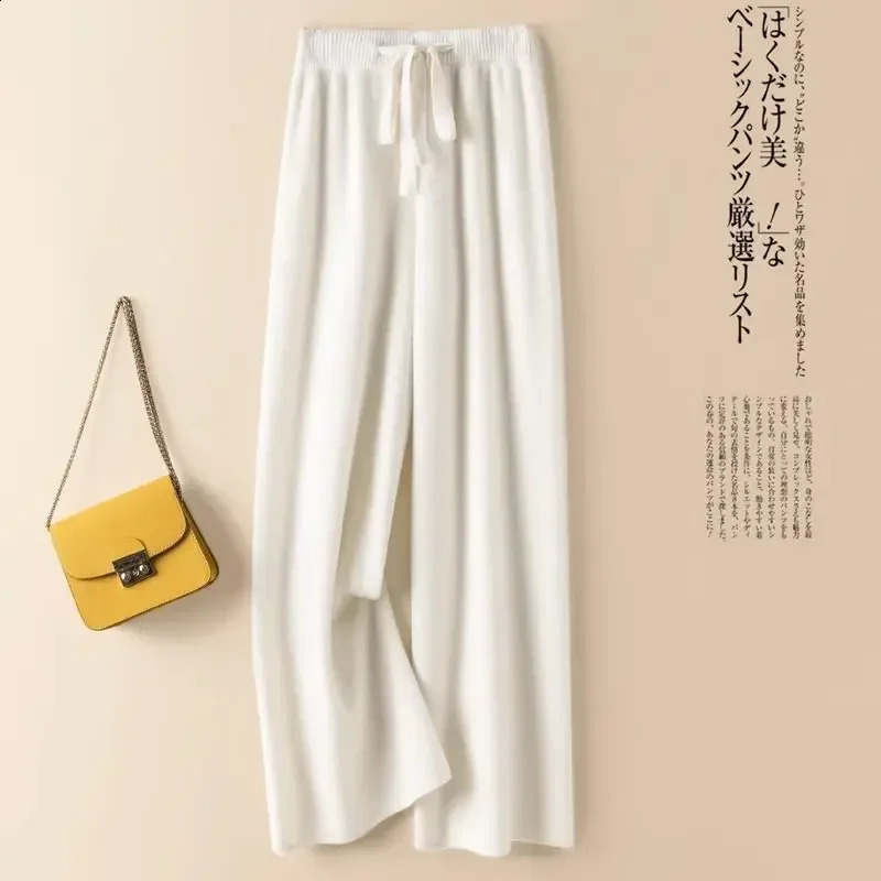 Korean Womens Wool Wide Leg Pants Elastic Waist Cashmere Autumn Winter Knitted Casual Warm Soft Straight Trousers 241121