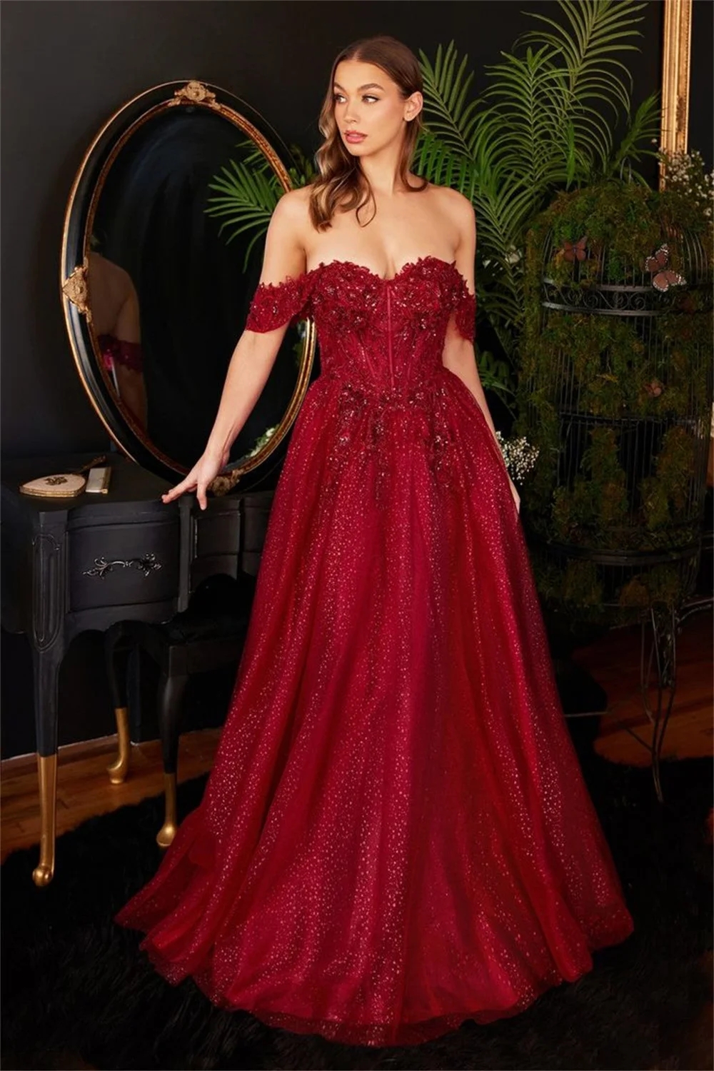 Sweet Dark Red A-line Prom Dress 2024 Off Shoulder Shiny Lace Appliques Embroid Side Split Formal Birthday Evening Gala Gowns Robe De Soiree