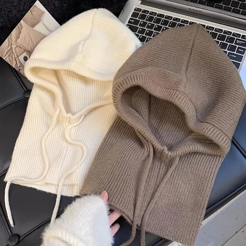 Knitted Wool Balaclava Skullies For Women Men Winter Wollen Drawstring Hooded Scarf Hat Neck Face Protect Beanies For Couples 250808