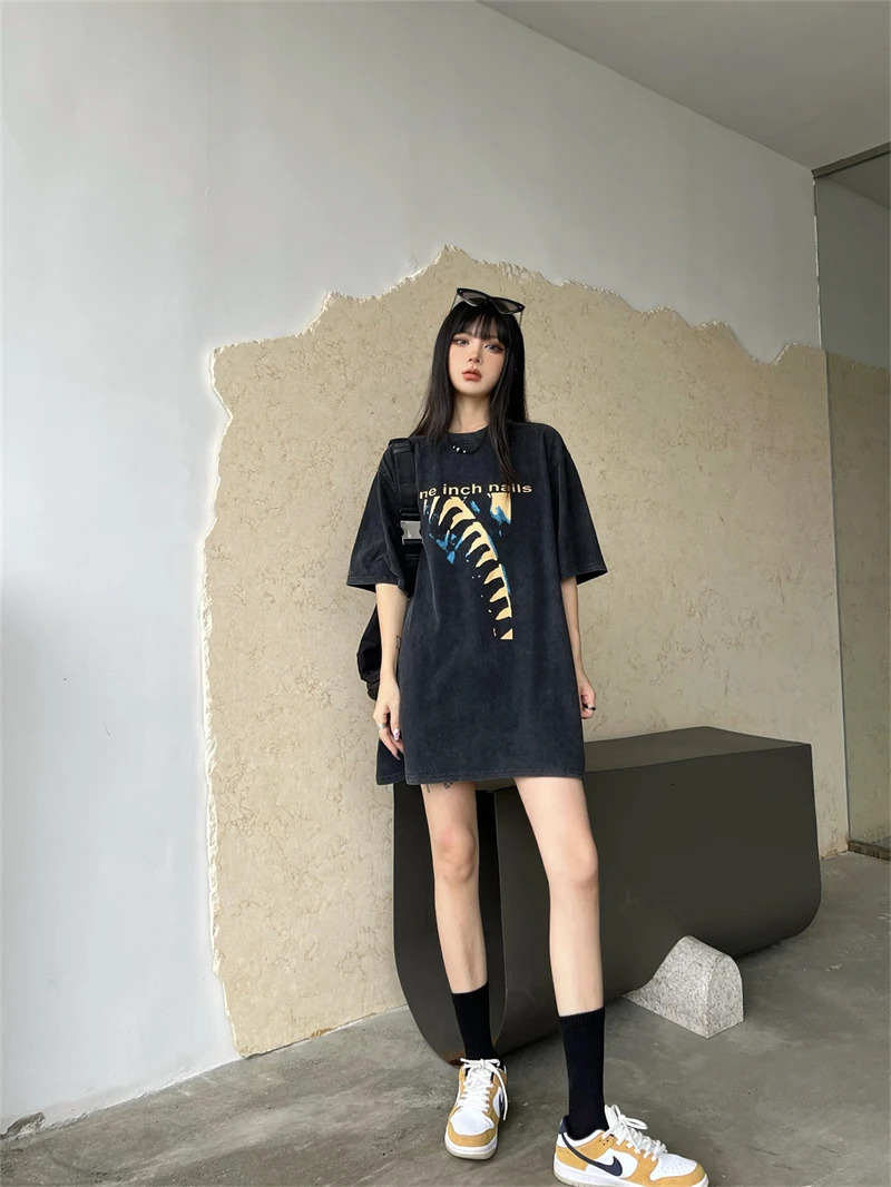 VTG NIN nineinch nail printing washed retro oversized Tshirt high street American casual loose men and women 240409