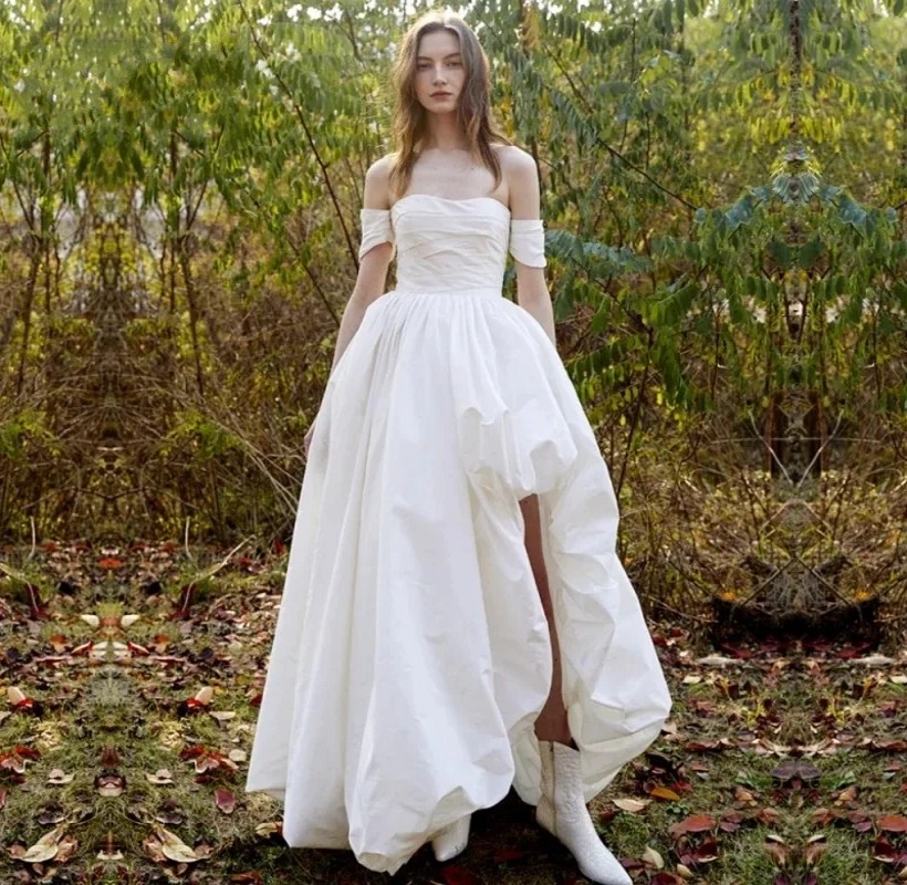Simple Modest Wedding Dress 2024 Off The Shoulder Sweetheart Short Sleeve Taffeta Bridal Gowns Robe Side Split Formal Party Dresses