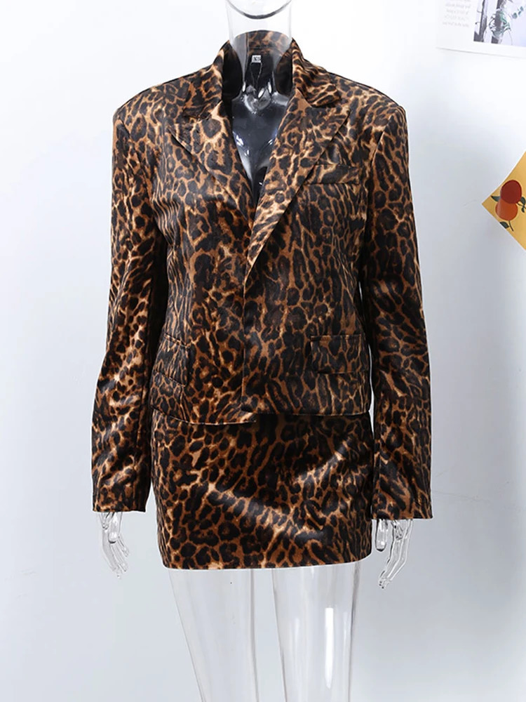 Chic Animal Leopard Mini Womens Elegant Collar Jacket A-line Short Skirt 2-piece Set Office Womens Wear 241119