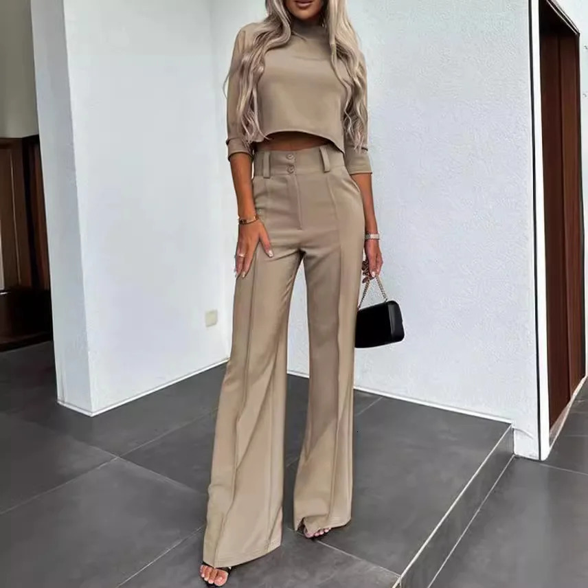 Women Business Blazer Pant Sets 2 Pieces Sale Casual ONeck Short Sleeve Cropped Tops High Waist Pocket Flare Trousers Suits 241122