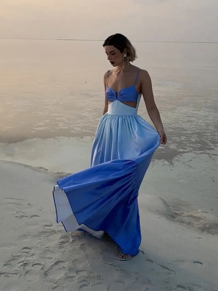 Elegant Hollow Out Pleated Long Dress For Women Sexy Patchwork Sleeveless Backless Robe Chic Holiday Ladies Evening Vestidoes 240420