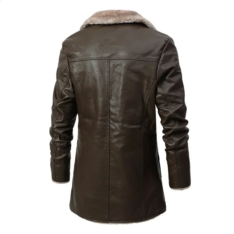 Men Winter Long Thick Fleece PU Leather Jacket Fashion Suit Collar Mens Windbreaker Coats 241122