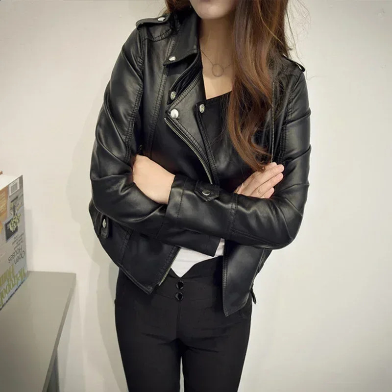 Women Short Black PU Zip Up Jacket Slim Fashion Motorcycle Outwear Leather Casual Wild Coat 241121