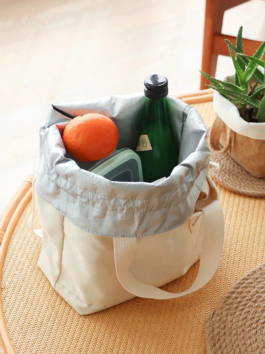 Drawstring Canvas Insulated Lunch Bag Thicken Aluminium Foil Thermal Bento Box Tote Cooler Handbags for Office Outdoor Picnic 241122