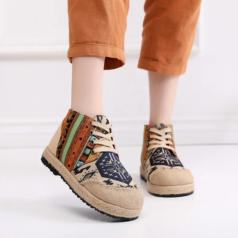 Women Casual Shoes Grass Woven Flat Espadrilles Comfortable Bohemian Chinese Style Laceup Fashion Nonleather 241122